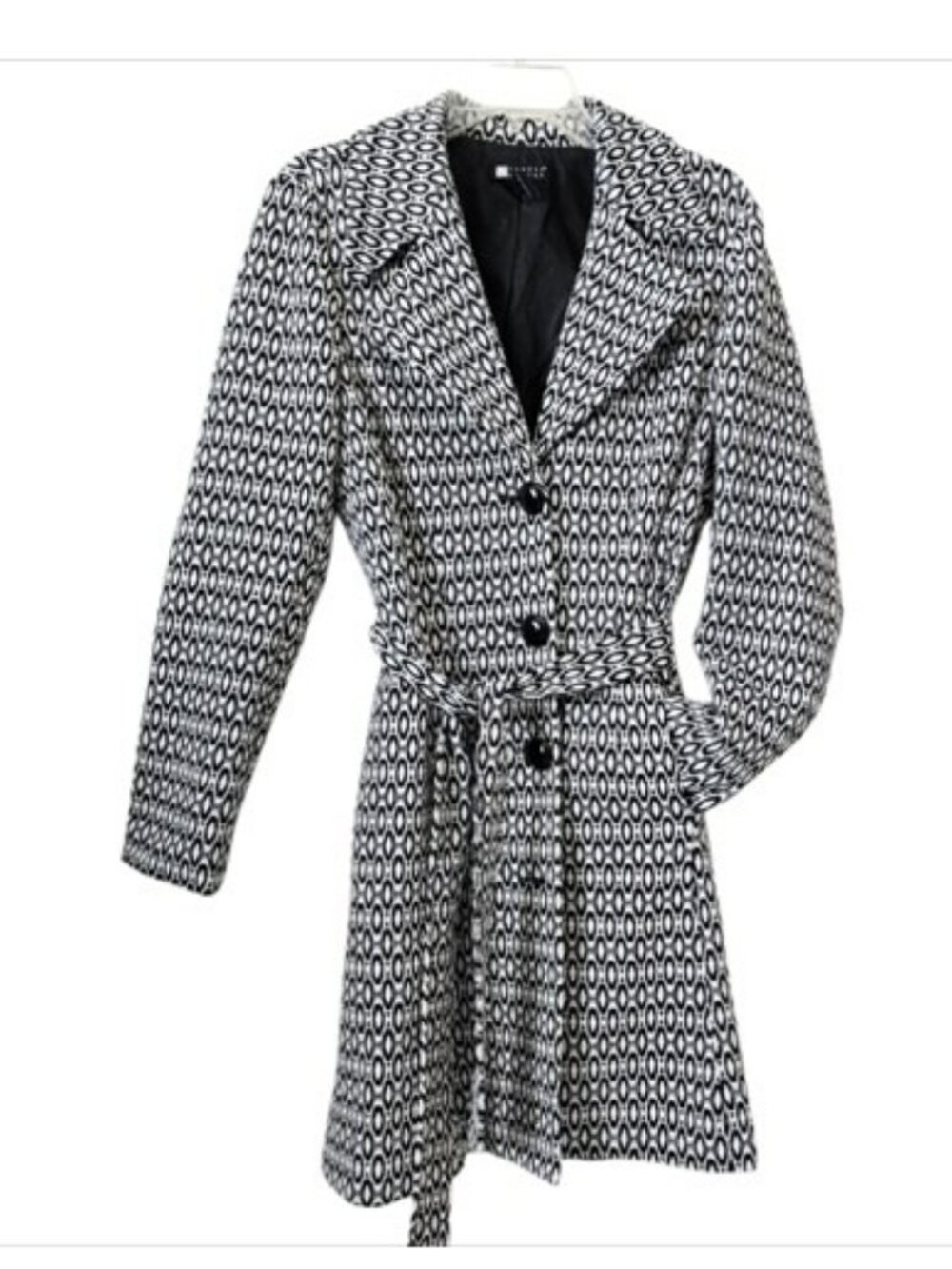Women’s Black White Trench Coat Size Medium Fabric Belt Lined Slit Evening